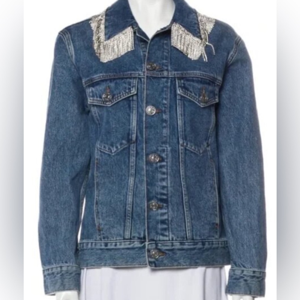 Brand new Sandro denim jacket with rhinestone fringe collar
